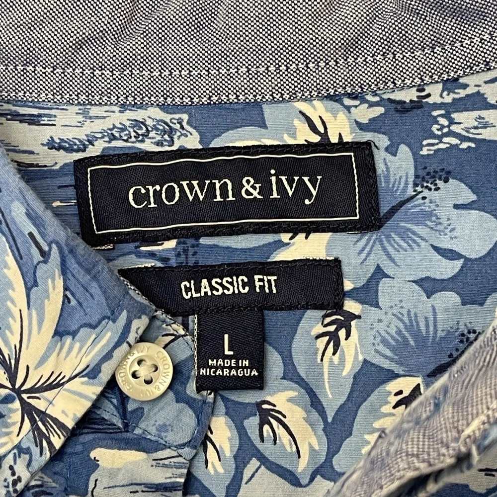 Crown & Ivy Men's Blue Button Down Hawaiian Classic‎ Fit Shirt Size Large